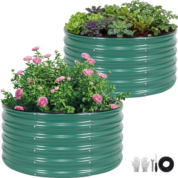 Galvanized Raised Garden Bed Outdoor, Round Metal Planter Boxes 2 Pcs, 3x3x1.4ft Steel Raised Bed Kit for Planting Vegetables, Fruits, Flowers(LotusGreen)