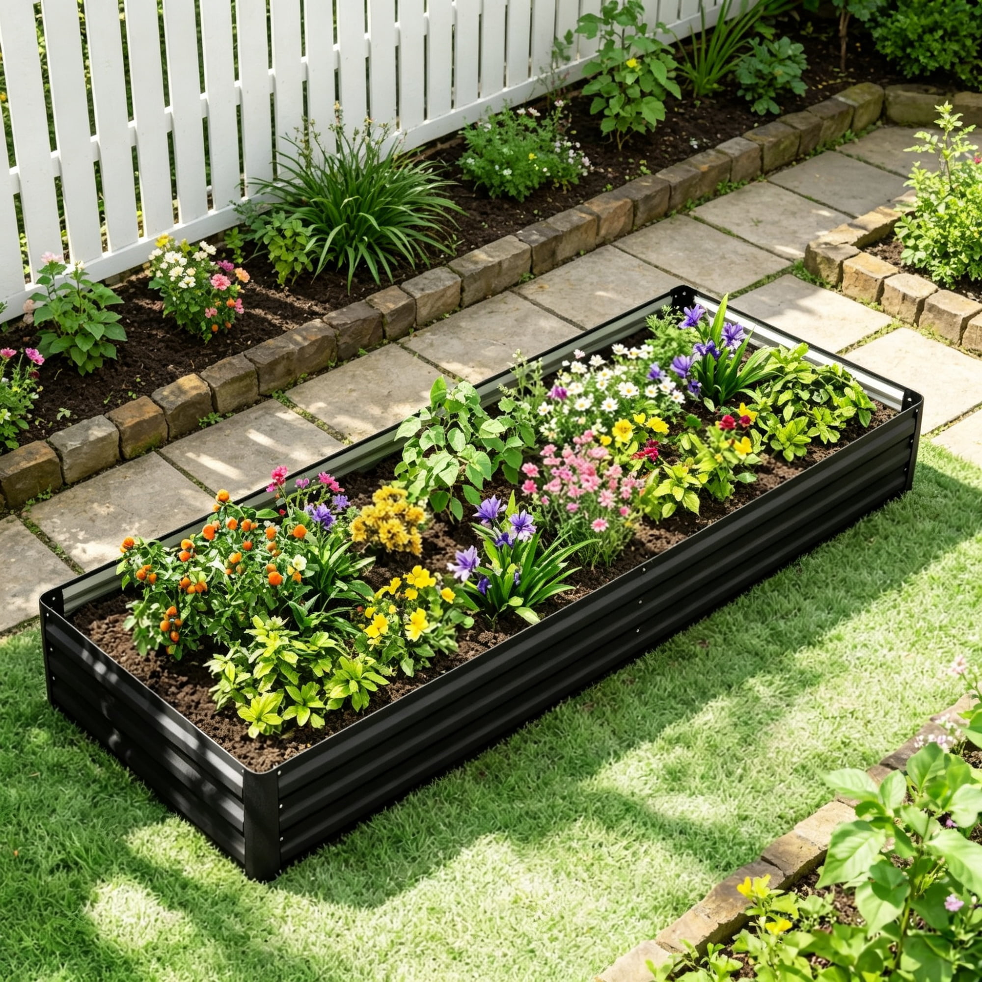 Galvanized Raised Garden Bed, Planter for Growing Flowers, Herbs, Succulents, 95" x 36" x 12" Black
