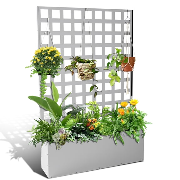 Galvanized Raised Garden Bed with Trellis, Metal Planter Box with Drainage Hole, Outdoor Trellis Planter Box for Climbing Plants, Vegetable, Vines, White