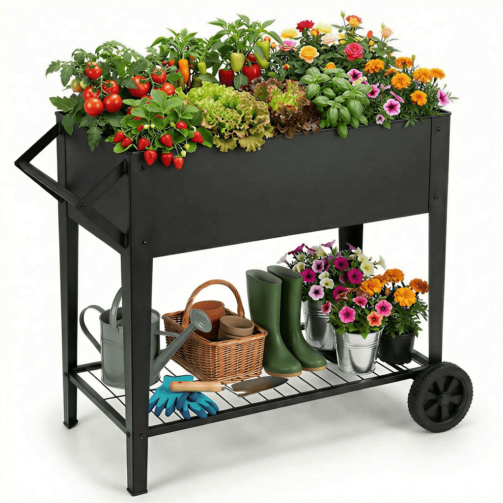 Raised Garden Bed Outdoor Galvanized, Heavy-Duty 32" Tall Raised Garden Bed with Wheels & Shelf, Durable Anti-Rust Steel Planter Box for Vegetables/Herbs, Patio-Balcony-Backyard
