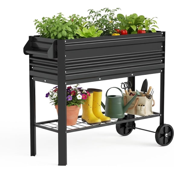 Galvanized Raised Garden Bed with Legs & Wheels, 37x14.6x31.6in, 400LB Capacity Elevated Planter Box for Garden, Backyard, Patio & Deck, Black