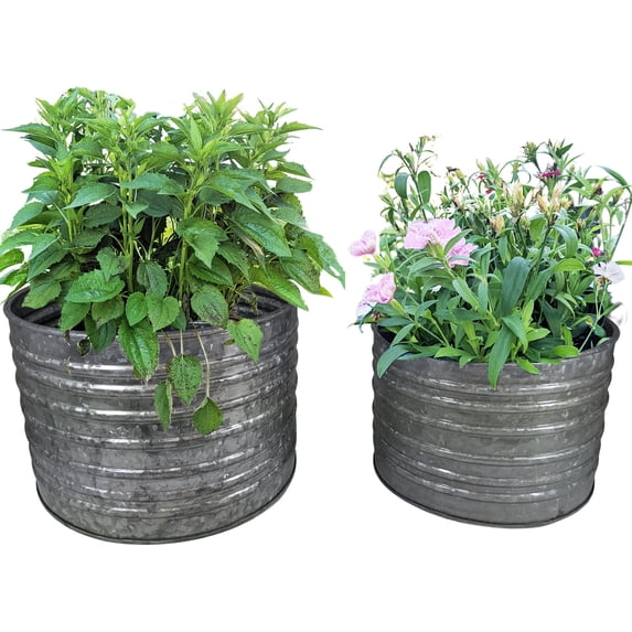 Galvanized Ribbed Flower Pot Set, 1.5 & 1 Gallon Metal Pots for Indoor & Outdoor