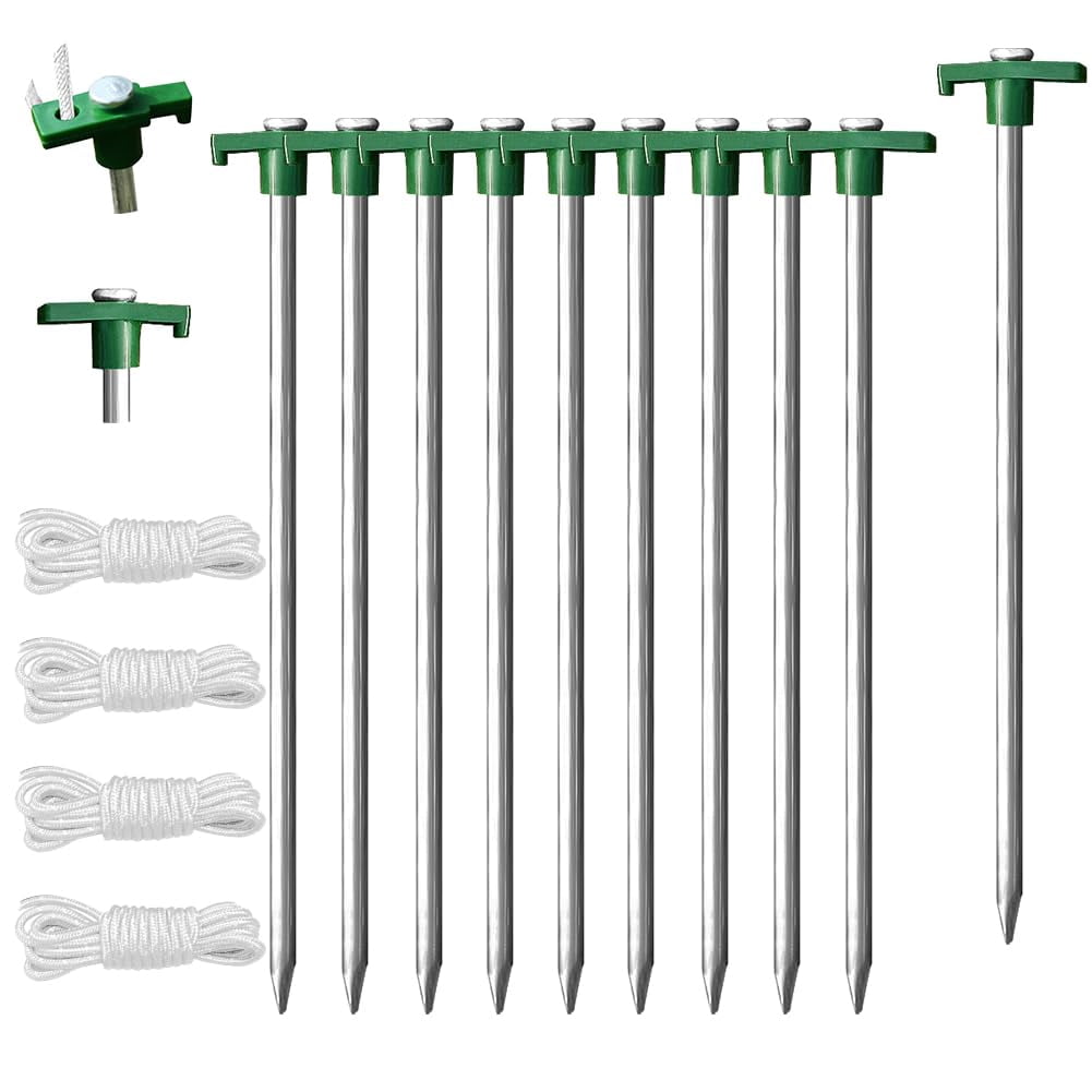 Galvanized Rust-Proof Camping Family Tent Pop-Up Tent Stakes Ice Tools Heavy Duty 10-Pack with 4x10ft Rope and 1 Green Stopper
