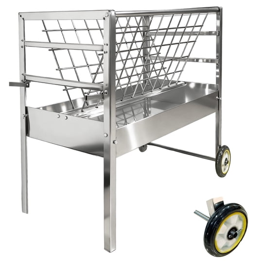 Galvanized Steel 2-in-1 Goat Feeder with Wheels, 65LBS Hay Feeder Sturdy Livestock Feeder Trough, Easy to Assemble and Clean, Durable Outdoor Farm Feeding Cart, for Goats, Sheep, and Mini Horses