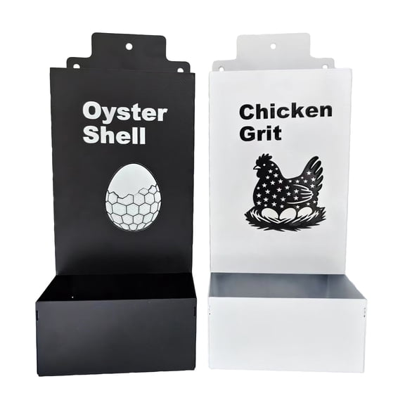 Galvanized Steel Chicken Grit Feeder Pair, 2-Pack Anti-Waste Poultry Feeders with Rain Cover & View Window, 9.8" x 3.9" x 3.9", Black & White