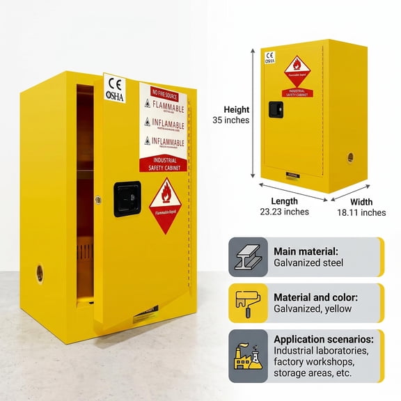 Galvanized Steel Flammable Liquid Safety Cabinet 12 Gallon, 35"H x 23.23"W x 18.11"D, 3-Point Lock Ventilated Fire Cabinet for Laboratory Factory Storage
