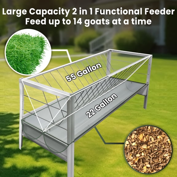 Galvanized Steel Frame Large Livestock Feeder, Pasture Feeder, Heavy-Duty Hay Grain Livestock Feeder, 2-in-1 Functional Feeder, Silver, Livestock Feeding, for Feeding Goats, Cow, Horse for Farms