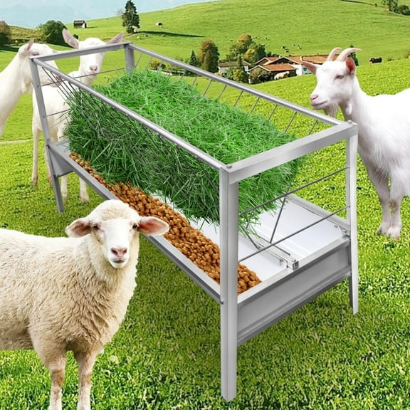 Galvanized Steel Frame Livestock Goat Feeder, Goat Hay Feeder & Pasture Feeder, 77 Gallon, 59"x19.6"x33.4", Galvanized Steel Feeding Pan, for Horses, Ponies, Cow, Farms, Ranches