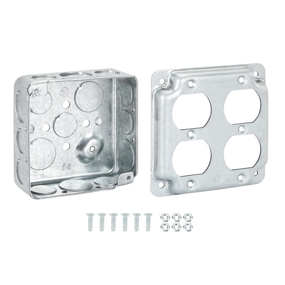 Galvanized Steel Metal Outlet Box 4x4 and Outlet Cover with 6screws,2-Gang Duplex Receptacle Box,8*1/2''&4*3/4"in Side and 2*1/2''& 2*3/4" in Bottom Knockouts,Thickness 1.6mm,Raised Ground