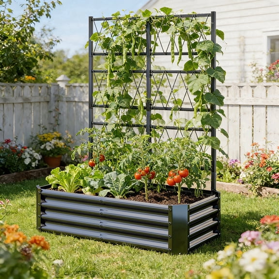 Galvanized Raised Garden Bed with Trellis for Climbing Plants Outdoor,Metal Vertical Garden Planter Box with Trellis,Heavy Duty Elevated Garden Bed for Vegetables Tomatoes Cucumbers Flowers Herb,Blac