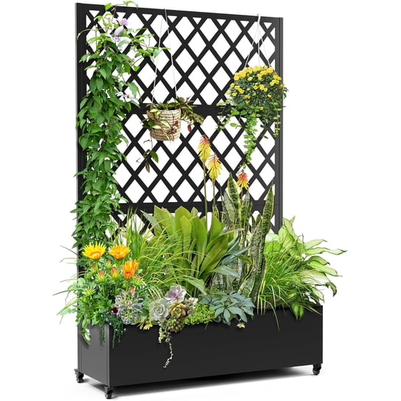 Galvanized Steel Raised Garden Bed with Trellis, 71"X35"X16" Planter Box with Lockable Wheels, Drainage Holes & Privacy Screen for Vegetables, Vines on Patio, Deck, Yard, Black