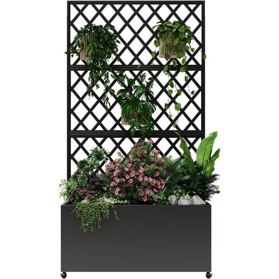 Galvanized Steel Raised Garden Bed with Trellis & Privacy Screen - 71 in x35 in x16 in Planter Box with Lockable Casters & Drainage Holes for Vines, Vegetables On Patio, Deck or Yard