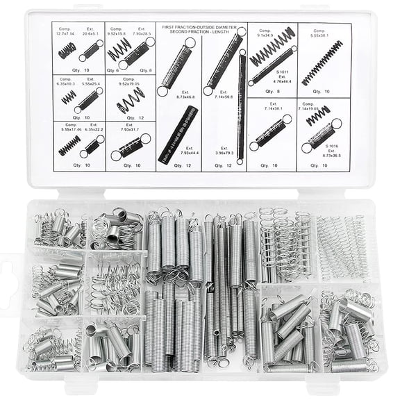 Galvanized Steel Spring Assortment, Heavy-Duty Steel Wire Compression & Extension Springs for Industrial Use, Featuring Clear Plastic Carrying Tray for Easy Access