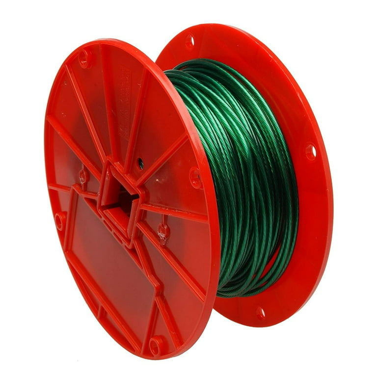 Galvanized Steel Wire Rope on Reel, Vinyl Coated, 1x7 Strand, Green, 1/16  Bare OD, 1/8 Coated OD, 250' Length, 28 lbs Breaking Strength