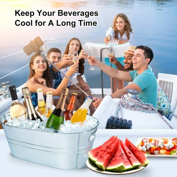 Galvanized Tin Ice Bucket for Parties and Outdoor Use,Oval Metal Beverage Tub for Cooling Wine,Beer and Soda,Rustic Farmhouse Style Drink Chiller