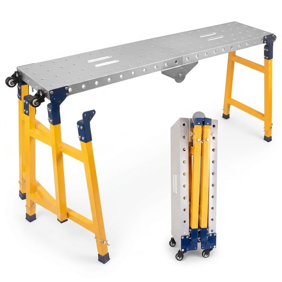 Galvanized Top Foldable Welding Table, Yellow Carbon Steel Anti-Slip Galvanized Top Foldable Workbench with Lockable Casters 1100 lbs Capacity for Interior Decoration & Wall Painting Works