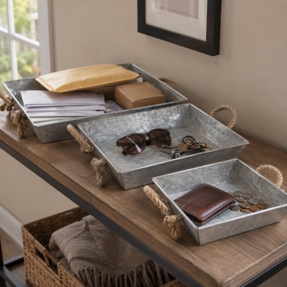 Galvanized Tray Set With Rope Handles - 3 Piece