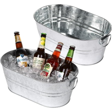 Galvanized Tub Beverage Tubs, 2pcs Metal Ice Buckets for Cocktail Bar 3 Gallon Wine Beer Drink Buckets with Handles Large Tub Cooler Mimosa Bar Supplies Ice Bucket for Parties (Galvanized)
