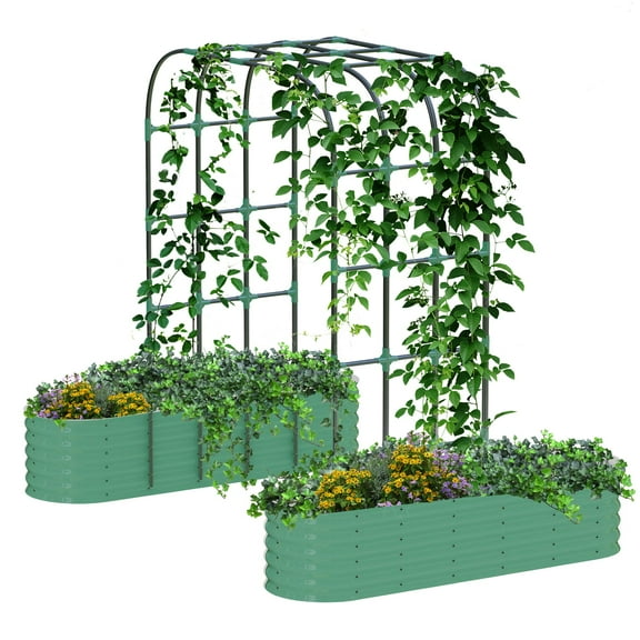 Galvanized Vertical Garden Kit – 95" Tall Arch Trellis with 2 Raised Planter Boxes, Rust-Proof Metal Outdoor Planter System with Climbing Net for Cucumbers, Grapes, Flowers & Vegetables (Green)