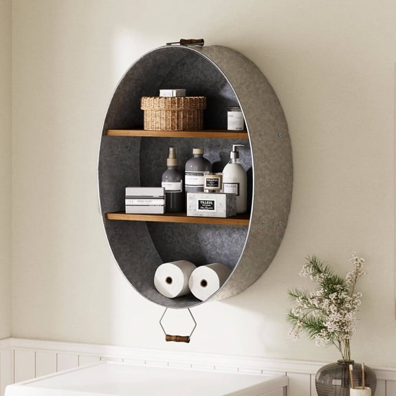 Galvanized Wash Tub Towel Holder with Wood Shelves, Decorative Wall Shelf for Bathroom, Lavatory, Entryway