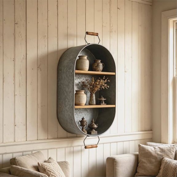 Galvanized Wash Tub Towel Holder with Wood Shelves, Decorative Wall Shelf for Bathroom or Entryway