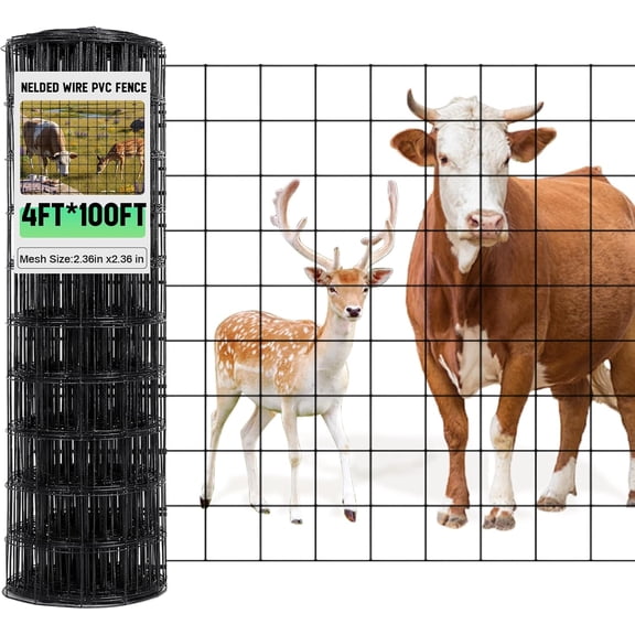 Galvanized Welded Wire Fence 4 ft X 100 ft for Dog Chicken Hog Deer Goat Cattle 16GA Garden Border PVC Coated Fencing Roll Border Yard Vegetable Plant Animals Protection Poultry Netting(Black)