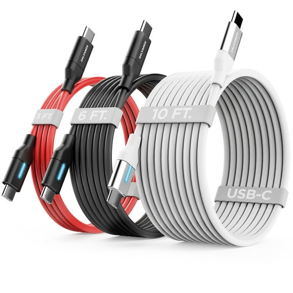 Galvanox 3-Pack USB C to C Cables - Color Coded 10 Ft, 6 Ft and 3 Foot Fast Charging for iPhone 15, Pro Max, iPad and Samsung Galaxy Phone Charger - Type-C Durable Silicone Cords (with LED Indicator)