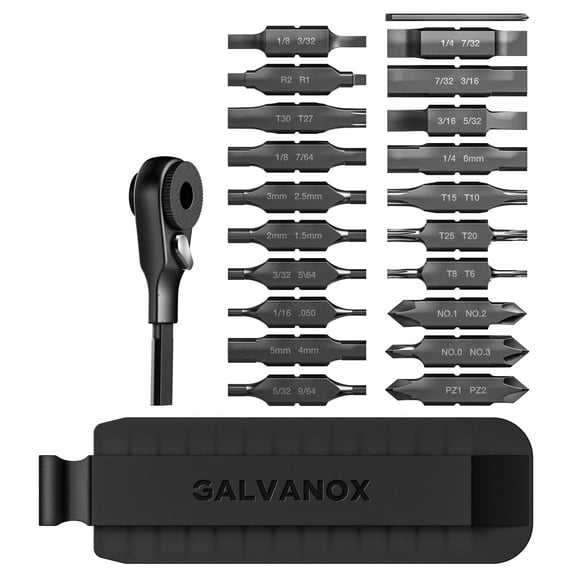 Galvanox 22PC Accessories Set, Compatible with Leatherman Multi-Tools [59HRC] Hardened Double-Sided 21 Piece Bit Kit with Flat-End Ratchet Driver and Sheath Holder (Black)