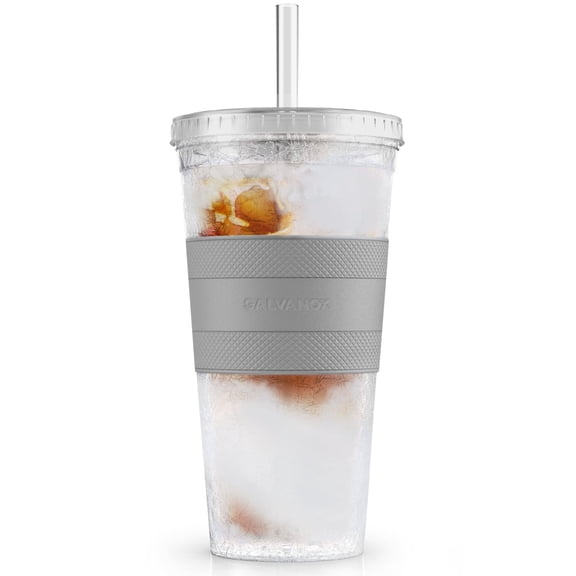 Galvanox Iced Coffee Cup with Lid and Straw, 20oz Reusable Insulated Freezer Tumbler with Sleeve (Grey)