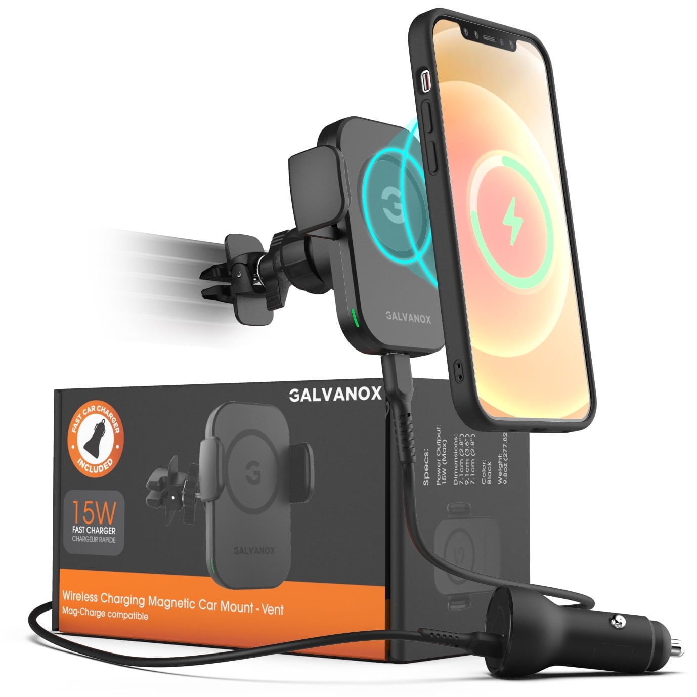 Galvanox MagSafe Car Mount Charger, 15W Wireless Fast Charging Magnetic Vent Phone Holder for iPhone 12/Pro/Mini/Max (Auto Clamping)