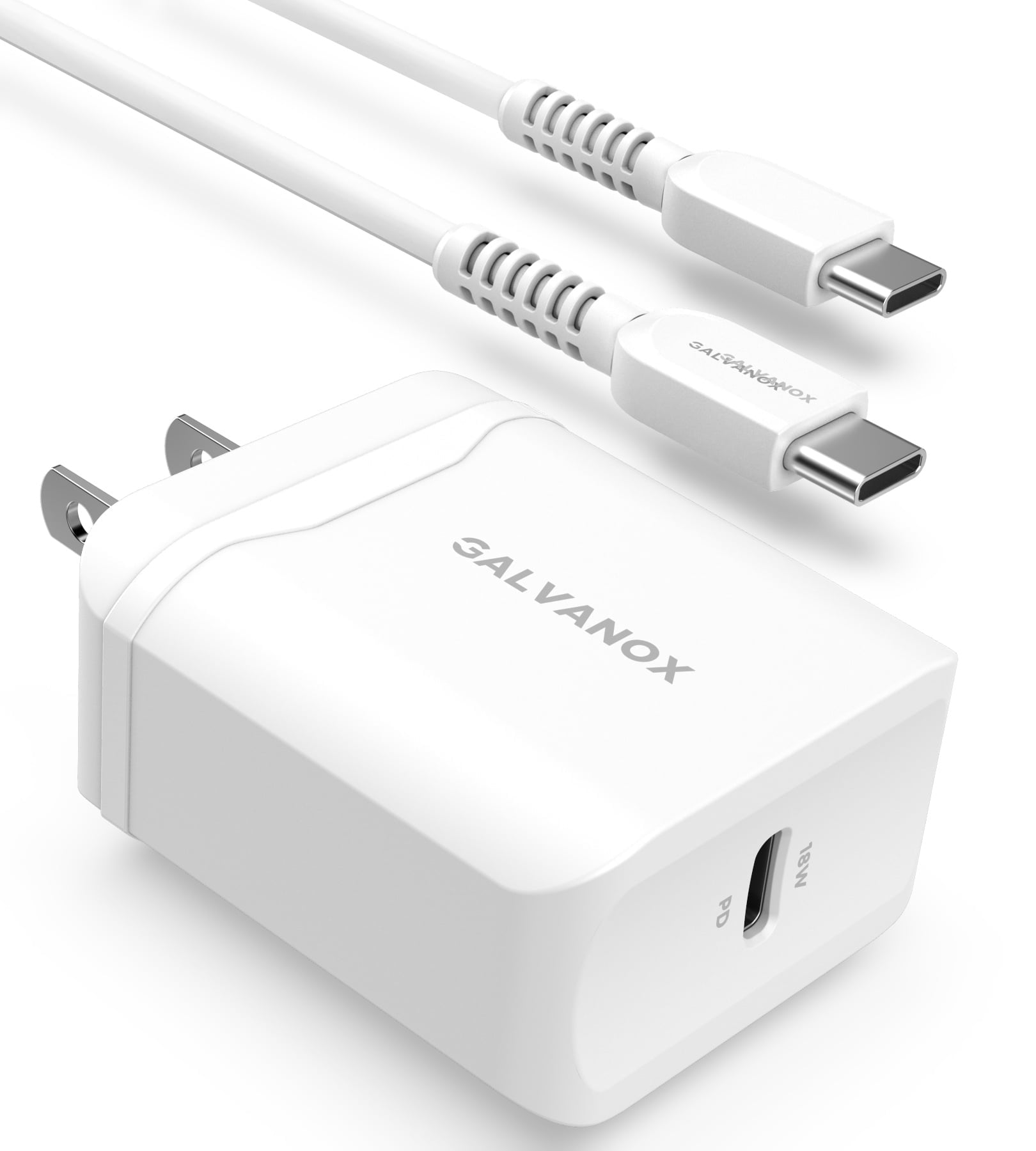 Galvanox USB C Charger - 18W PD Wall Adapter Plug with 5FT Charging Cable (Power Delivery Technology) C-C Cord and Fast Adapter (2.0 / 3.0) White