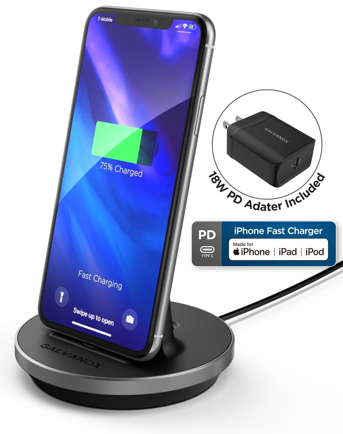 Galvanox iPhone Charger Stand (MFi Certified) Fast Charging Lightning Desktop Holder Dock with Built-in USB C Cable and USB-C 18W Power Adapter for Apple iPhone 8/8 Plus/X/Xs Max/XR/11/Pro Max