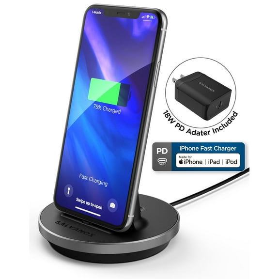Galvanox iPhone Charger Stand (MFi Certified) Fast Charging Lightning Desktop Holder Dock with Built-in USB C Cable and USB-C 18W Power Adapter for Apple iPhone 8/8 Plus/X/Xs Max/XR/11/Pro Max