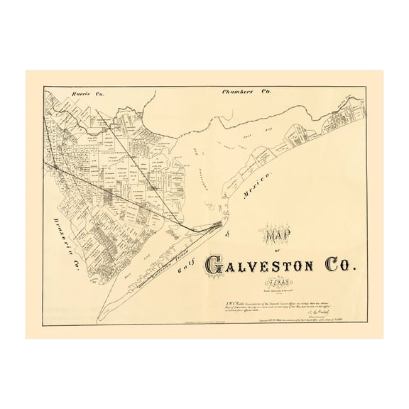 Galveston County Texas Art, 1879 Vintage Map of Galveston County TX History Wall Decor Gift, Old Galveston County TX Map - 36" x 24" Unframed Print