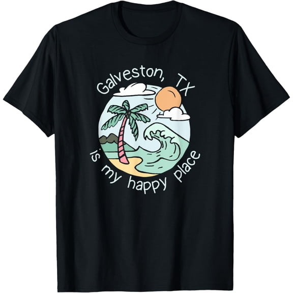 Galveston TX Is My Happy Place Retro Beach Graphic Tee - Texas Vacation Souvenir T-Shirt for Men and Women - Summer Palm Tree Ocean Wave Apparel