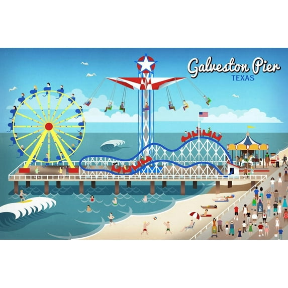 Galveston, Texas, Retro Pier (12x18 Wall Art Poster, Room Decor)