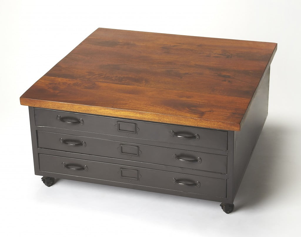 Sleek Mango Wood Square Coffee Table with Storage Drawers