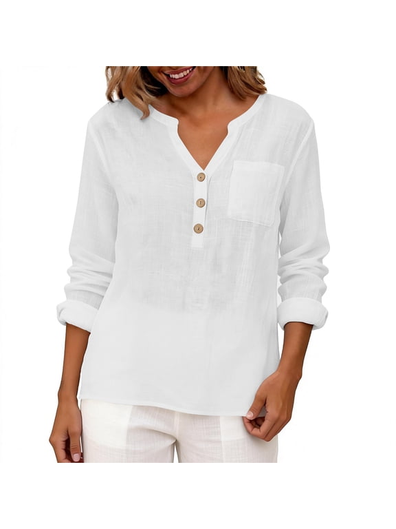 Cotton Linen Tops for Women Notched V Neck Drop Shoulder Long Sleeve Loose Lightweight Blouse Fall