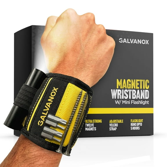 Galvonox Magnetic Wristband with LED Flashlight - Nylon Wrist Magnet for Tools, Screws and Nails with Adjustable Work Light - Great Gift for Men, Father, Handyman (Yellow)