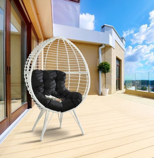 Galzed Teardrop Patio Lounge Chair with White Wicker and Black Cushion