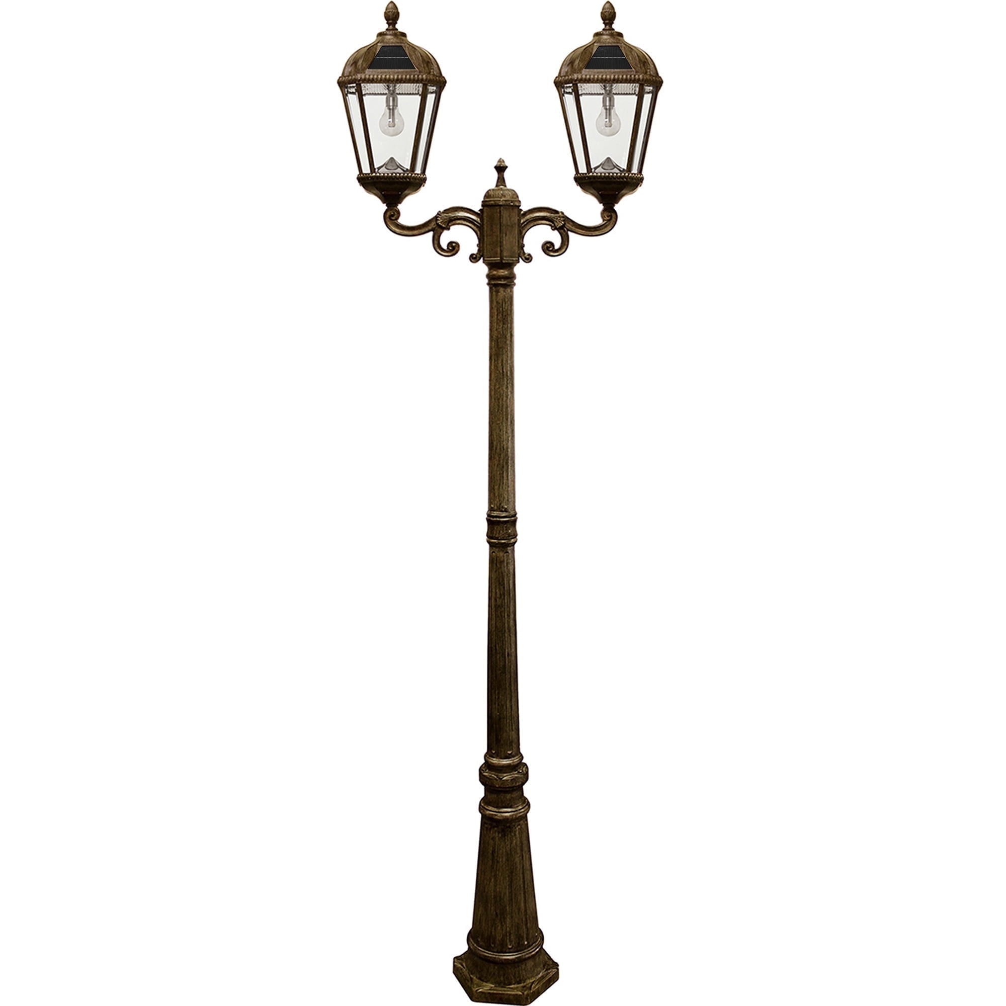 Weathered Bronze Double Head Solar Lamp Post with Beveled Glass