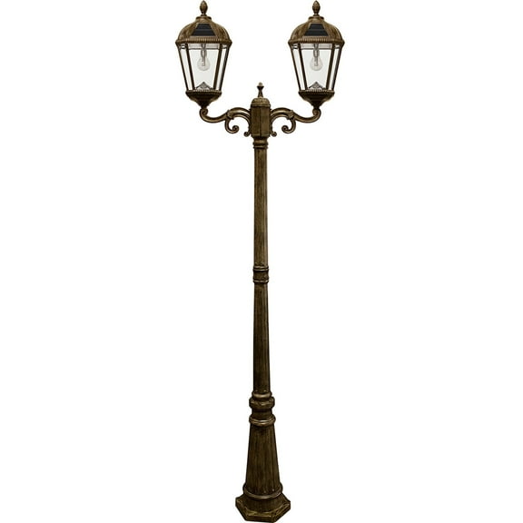 Gama Sonic Outdoor Solar Lamp Post Light Kit, Royal Bulb 300 Lumens, Double Head Weathered Bronze Cast Aluminum and Clear Beveled Glass Post Lamp, Light Pole, and Warm White Light 2700K, 98B302