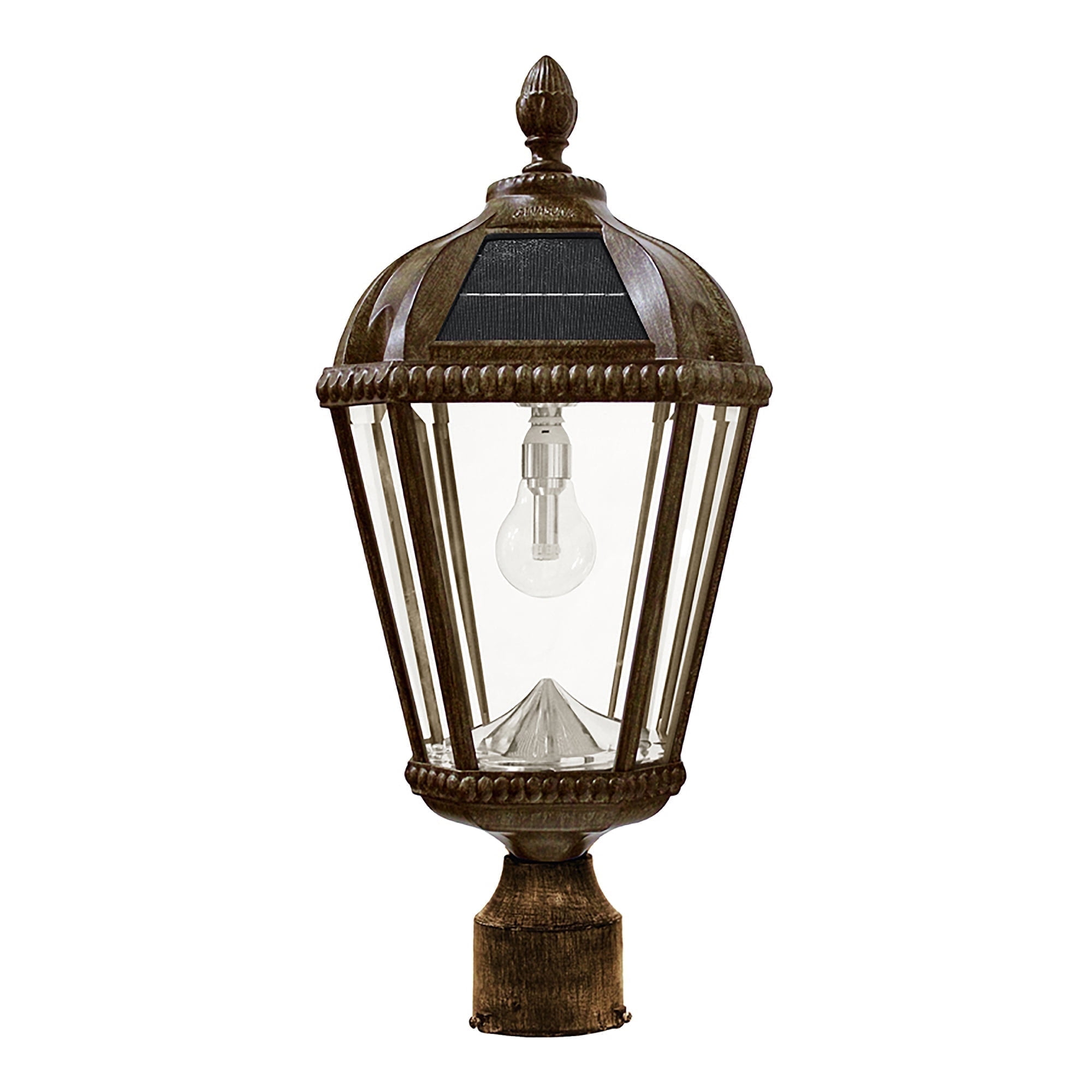 Gama Sonic Outdoor Solar Post Light, Weathered Bronze Finish Aluminum, Royal Bulb, Beveled Glass, 3-inch Fitter for Lamp Posts or Pier Mount (Sold Separately) 98B312