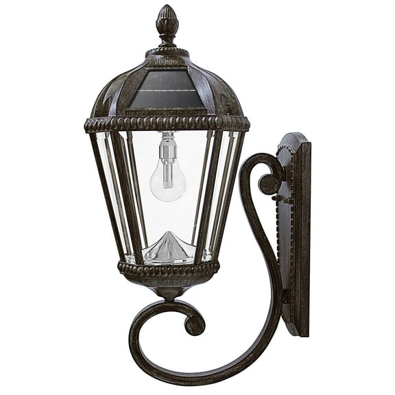 Gama Sonic Solar Outdoor Wall Light, Royal Bulb Exterior Sconce Lamp, Weathered Bronze Finish Aluminum, Clear Beveled Glass, Warm White LED with Omni-Direction Reflector, 98B310