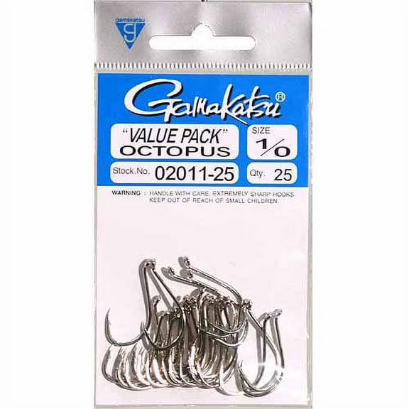 Gamakatsu Octopus Hook, Barbed, Needle Point, Ringed Eye, Size 1/0, 25pk, Nickel