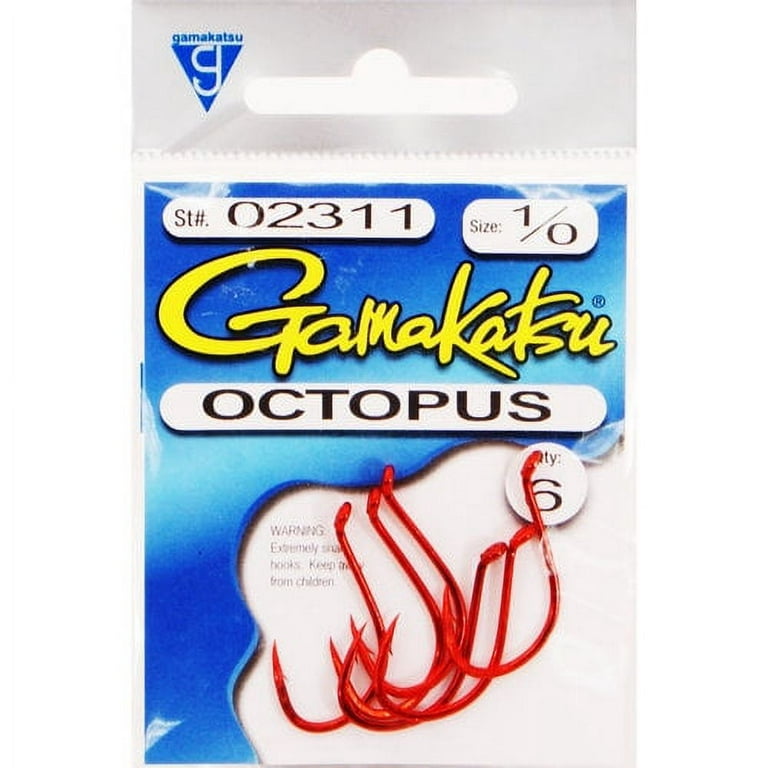 Gamakatsu Octopus Hook in High Quality Carbon Steel, Red, Size 1/0, 6-Pack