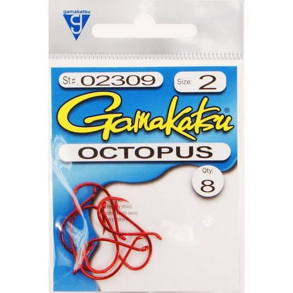 Gamakatsu Octopus Hook in High Quality Carbon Steel, Red, Size 2, 8-Pack