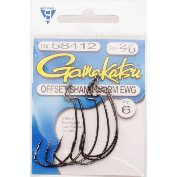 Gamakatsu Worm Offset EWG Hook in High Quality Carbon Steel, Size 2/0, NS Black, 6-Pack