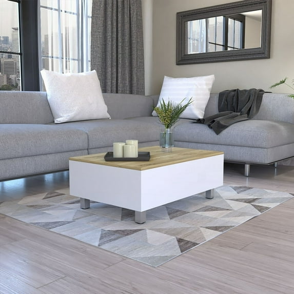 Gambia Lift Top Coffee Table with Four Legs - Stylish White/Light Oak Design