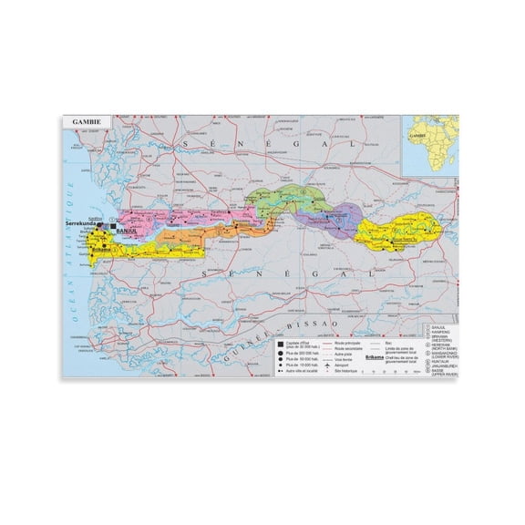 Gambia Map Posters Painting On Canvas Wall Art Poster Scroll Picture Print Living Room Walls Decor Home Posters 24x36inch(60x90cm)